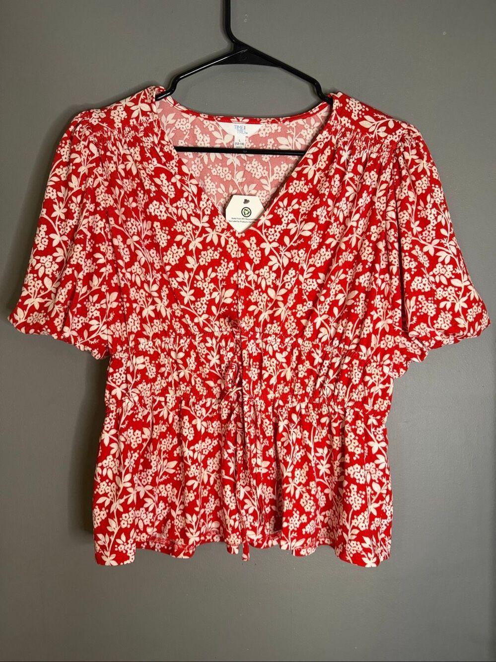 Time And Tru V Neck Shirred Peplum Short Sleeve Top Large NWT